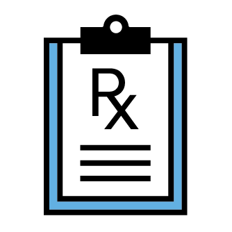 Illustrated icon of a clipboard with prescription drug Rx label